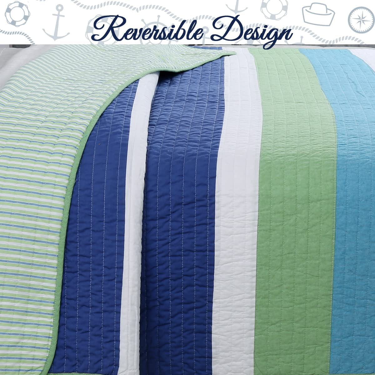 Cozy Line Home Fashions Cotton Blue Green Stripped Quilt Bedding Set, Queen 3-Pieces
