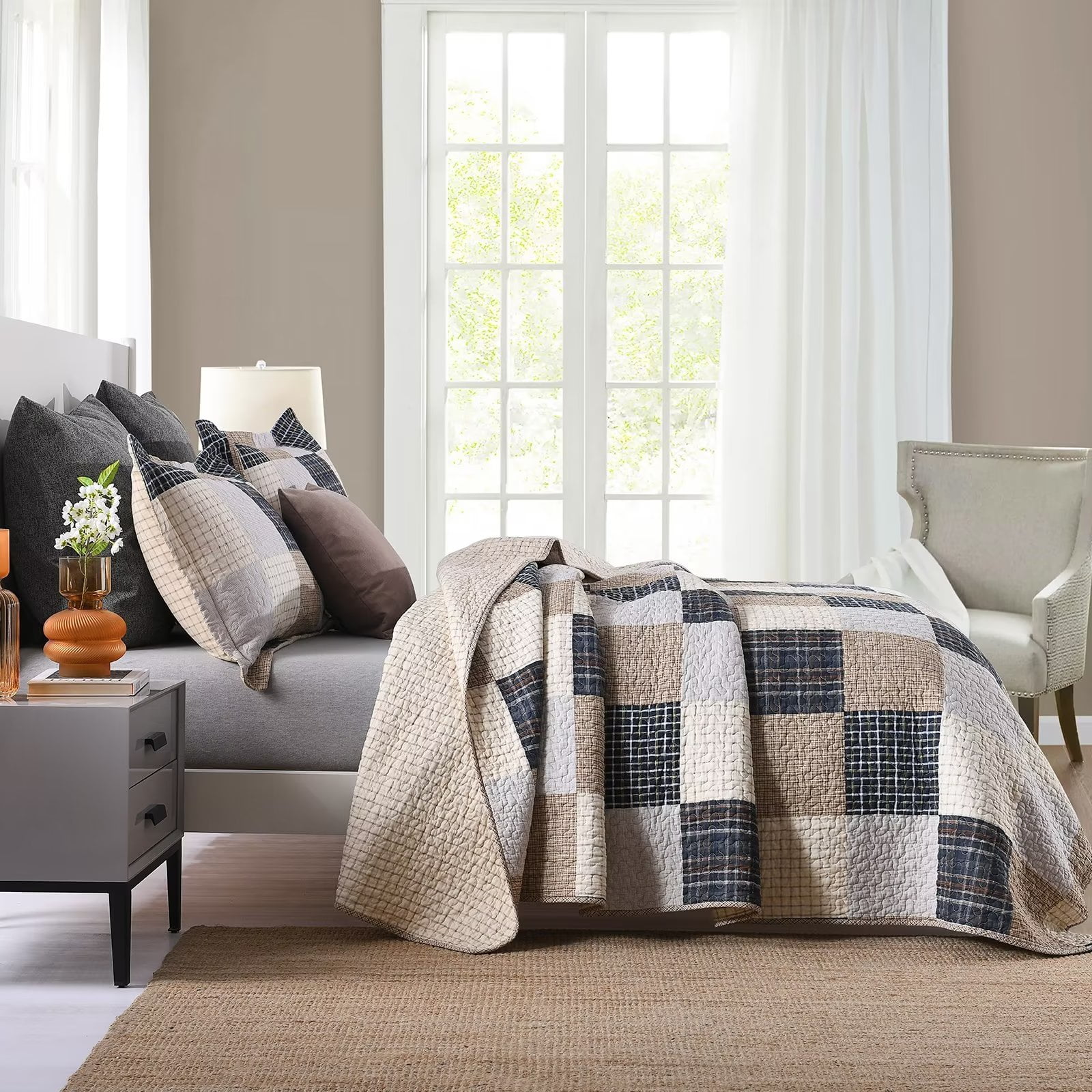 Bedduvit Cotton Quilt King Size - 3 Piece 100% Cotton Lightweight Soft Brown Black Beige King Quilt Set with 2 Pillow Shams, Reversible Patchwork Plaid Bedspread/Coverlet/Bedding Set for All Seasons