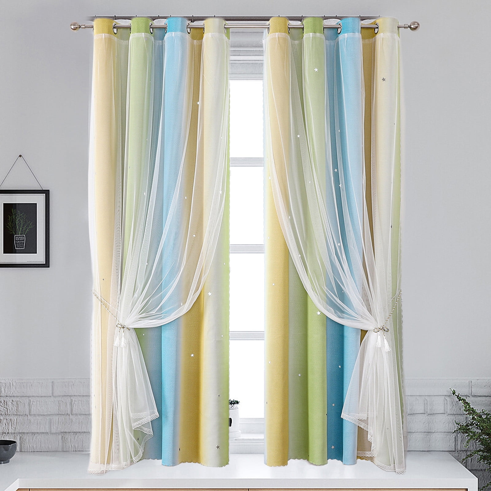 2-in-1 Double-Layer Kids & Girls Unicorn Princess Ombre Blackout Curtains with Foil Print Sheer,Panels for Bedroom, Nursery, Living Room - Yellow Purple Blue, 52W x 63L