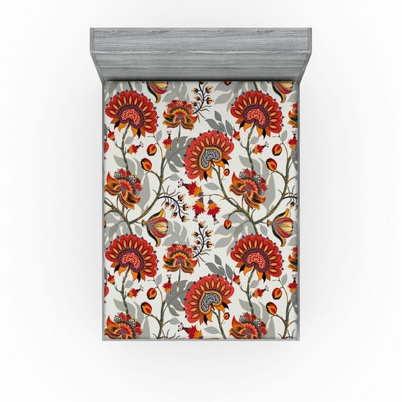 Ambesonne Floral Boho Fitted Sheet, Traditional Asian Bloom, California King, Dark Pink Pale Grey