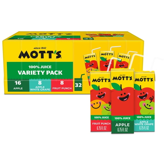 Mott's 100% Apple Juice Variety Pack, 6.75 fl oz, 32 Count Boxes