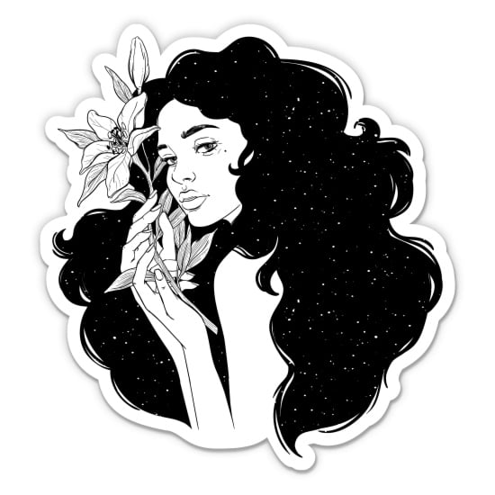 Girl with Flower Celestial Boho Pretty - 3" Vinyl Sticker - For Car Laptop Water Bottle Phone - Waterproof Decal