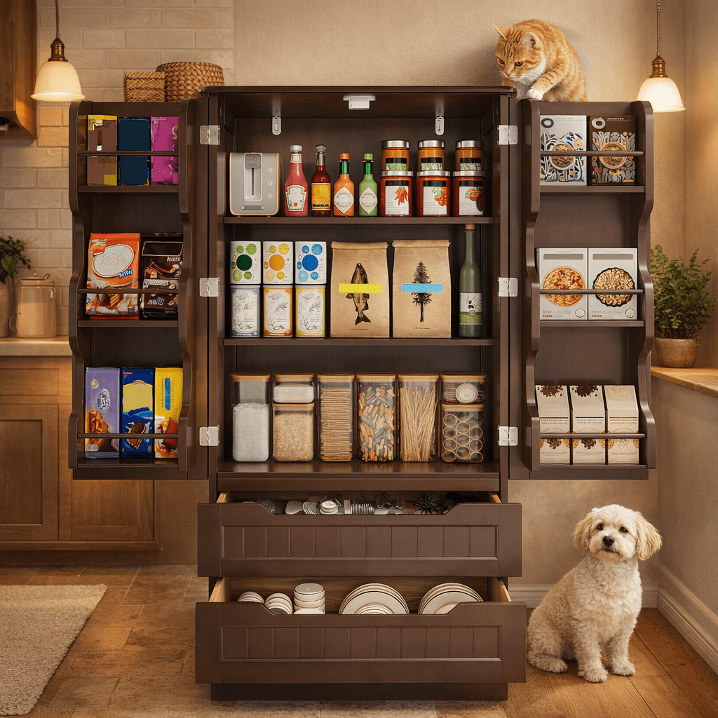 47" Freestanding Kitchen Pantry Cabinet with Drawers & Doors, Multi-Use Storage Cabinet for Bathroom Dining Room Craft Room, Dark Brown