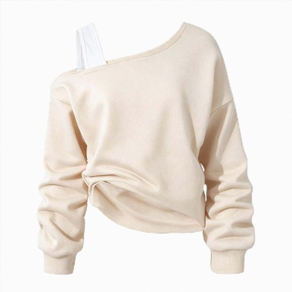 newwalpole Girls Cropped Sweatshirt Off Shoulder Long Sleeve Casual Crop Top | Cute Loose Fit Pullover Solid Color Y2K Trendy Shirt for Daily School Wear(Beige,15-16 Years)