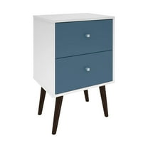 Manhattan Comfort Liberty Mid Century - Modern Nightstand 2.0 with 2 Full Extension Drawers in White and Aqua Blue with Solid Wood Legs