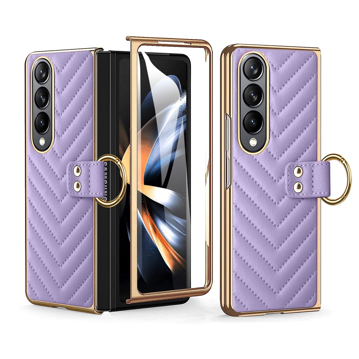 High Quality Electroplated Folding Screen Phone Leather Case for Samsung Fold 6, Ring Bracket Shell Film Protective Cover