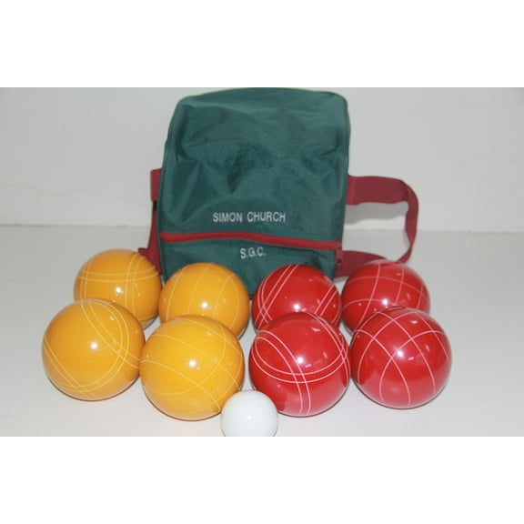 Italian/American Made, 110mm EPCO Bocce Set - Rustic Yellow/Red Balls and Engraved Green/Maroon Bag