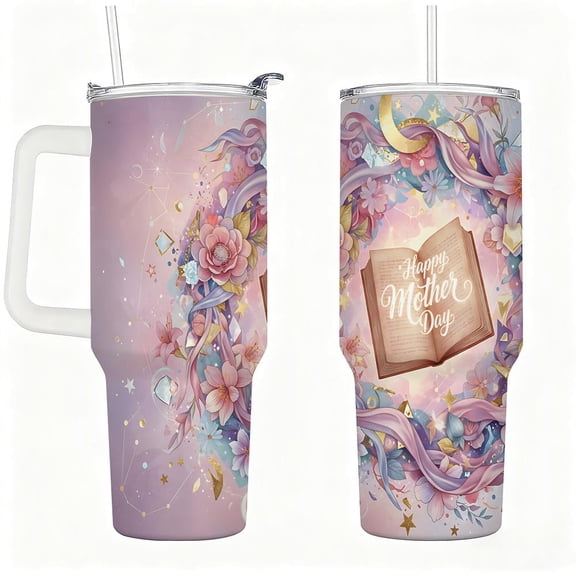 Stainless Steel Insulated Tumbler with Handle, Lid and Straw, Floral Book “Happy Mother’s Day” Design, Double-Wall Hot & Cold Travel Cup, Gift for Mom