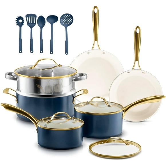 15 Pc Ceramic Pots and Pan Set, Non Stick Cookware Set with Steamer and Cooking Utensils, Non Toxic PFOA PFOS Free, Gold Stay Cool Handles, Oven and Dishwasher Safe
