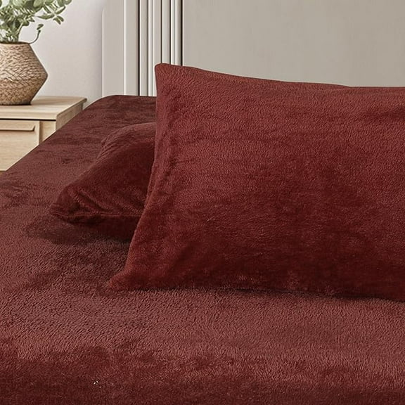 Teddy Fleece Fitted Sheet Queen - 1 Deep Pocket Furry Fleece Fitted Red Sheet and 2 Piece Pillowcases