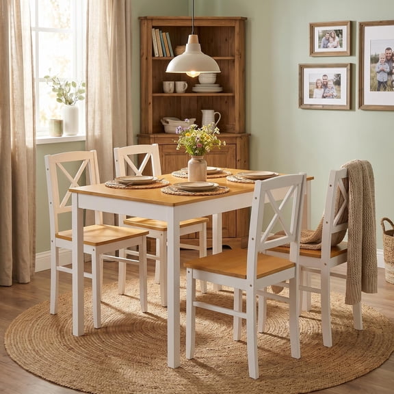 FurnitureR 5-Piece Solid Wood Dining Table Set with 4 Cross Back Chairs, Space-Saving Kitchen Table and Chairs Set for Apartment, Dining Room and Small Spaces, White & Natural