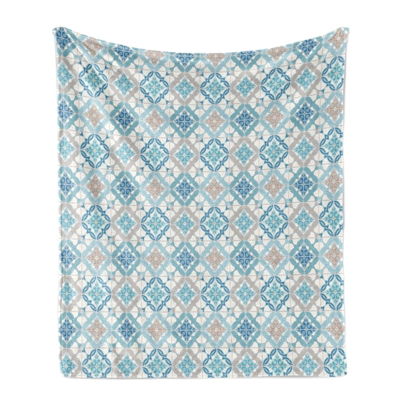 Quatrefoil Soft Flannel Fleece Throw Blanket, Tangled Modern Lisbon Pattern Based on Traditional Oriental Tiles, Cozy Plush for Indoor and Outdoor Use, 50" x 60", Blue Tan White, by Ambesonne