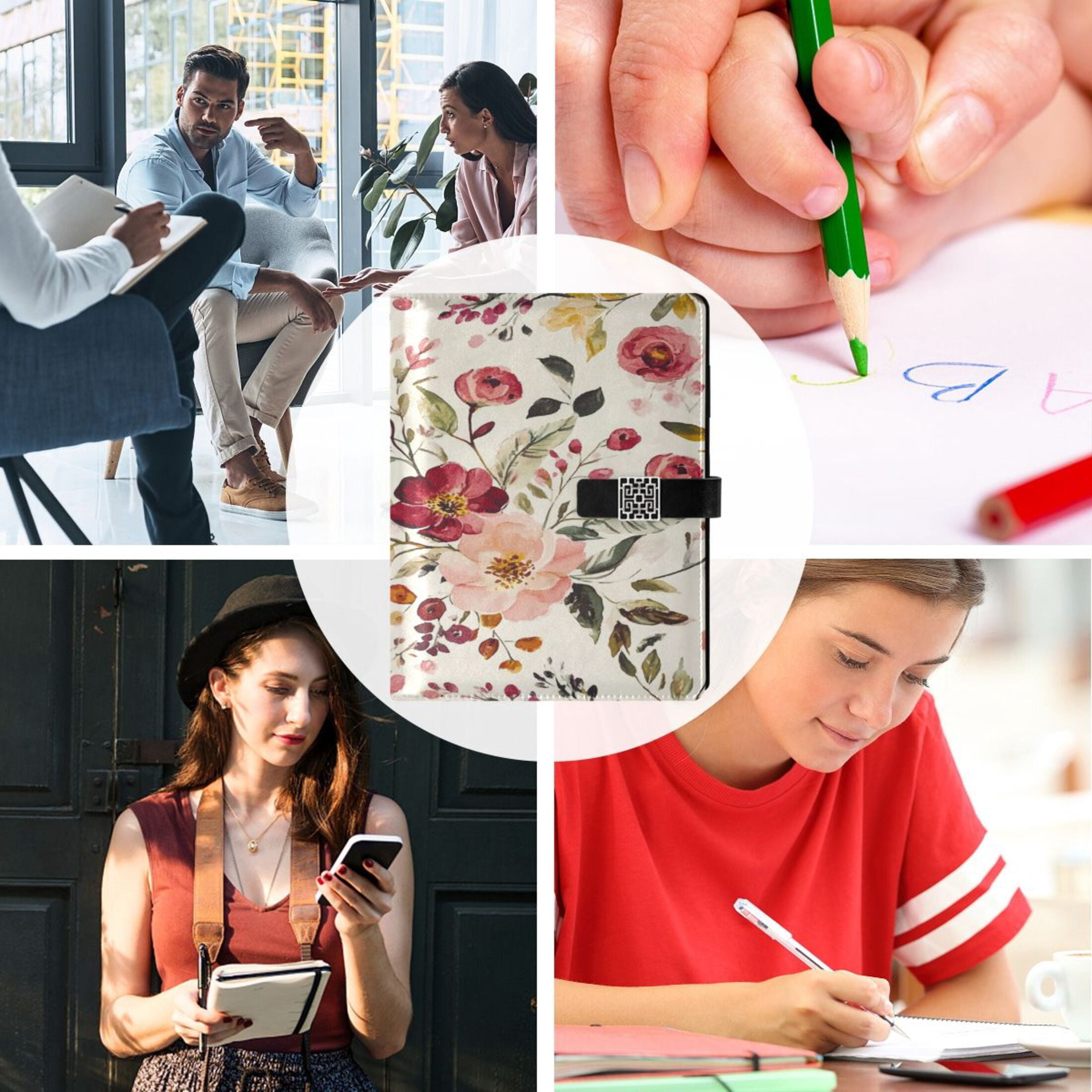 9.2x6.7 inch Leather Notebook 100 Sheets, Multi-Pocket Design & Pen Loop Vintage Floral Print Pattern Refillable Journal Organizer