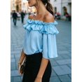 thumbnail image 4 of Women's Off Shoulder Ruffle Short Sleeve Chiffon Blouse L, 4 of 7