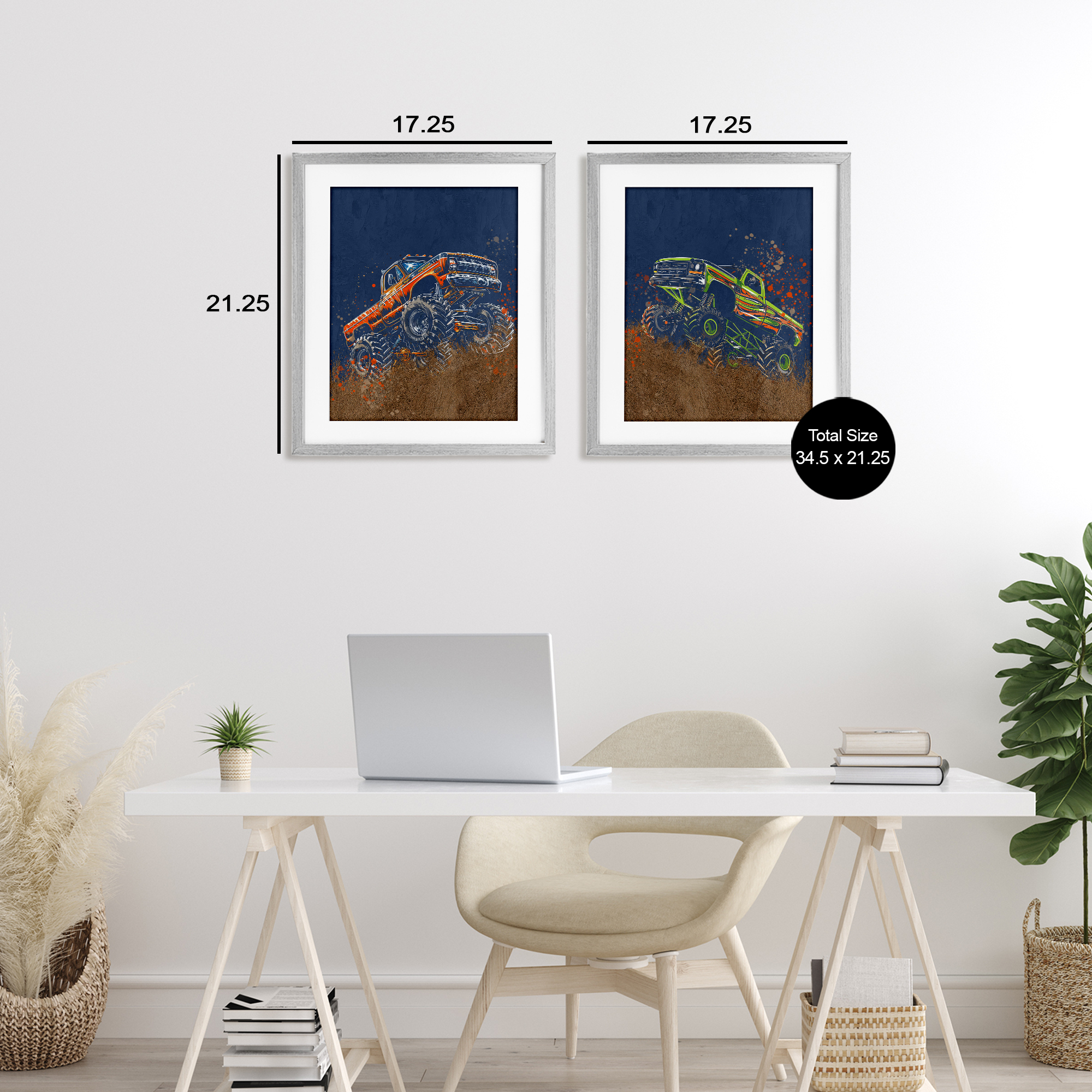 Monster Truck Jam 2 Piece Gray Framed Print Under Glass Set, design by Kim Allen