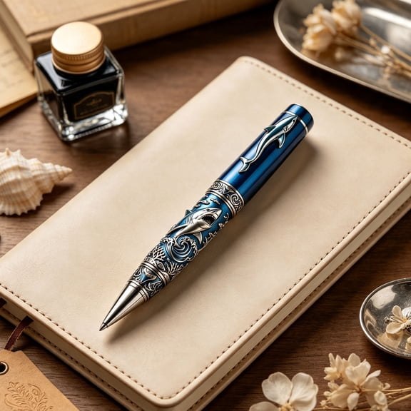 Linnome Beautiful Ocean Themed Rollerball Pen Vintage 2D Printed Design - Elegant Marine Pattern Writing Pen 2ml Refill - Collectible Sea Life Ballpoint Pen for Office Business Gift