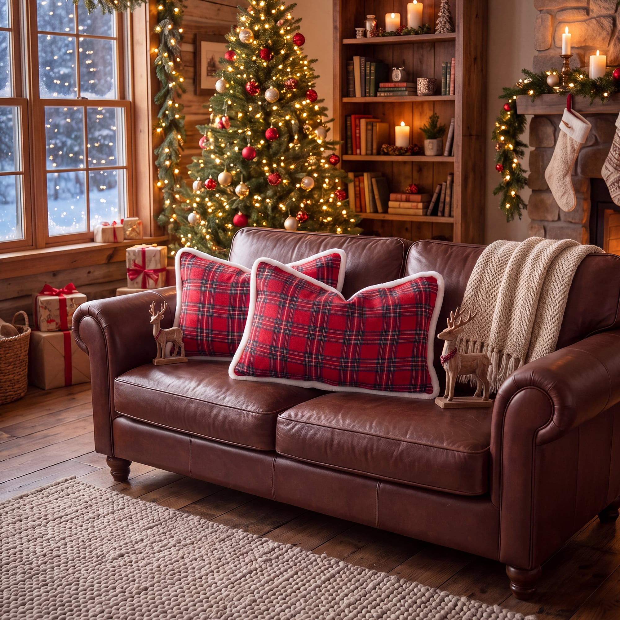 Unique Bargains Plaid Throw Pillow Covers Tartan Cushion Cases Red Plaid Fur Trim 20"x12"