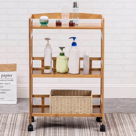 3-Tier Bamboo Storage Cart, Kitchen Utility Cart on Wheels with Storage Shelf Rack,Tiered Shelf Rolling Cart for Kitchens, Living Rooms, Bedrooms