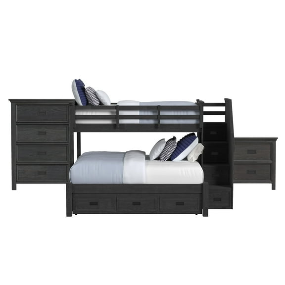 Brooklyn Kids Twin Over Full Bunk -Staircase&Trundle 3PC Bedroom Set in Charcoal