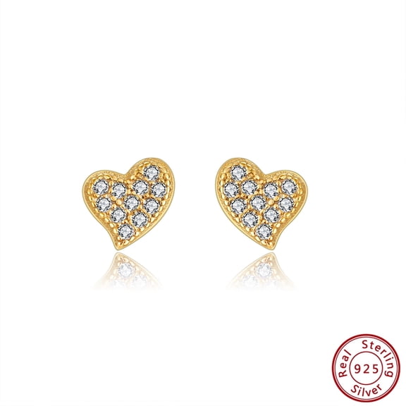 AQYYI Heart Stud Earrings, 14K Gold-Plated 925 Sterling Silver with Cubic Zirconia, Hypoallergenic Studs for Women