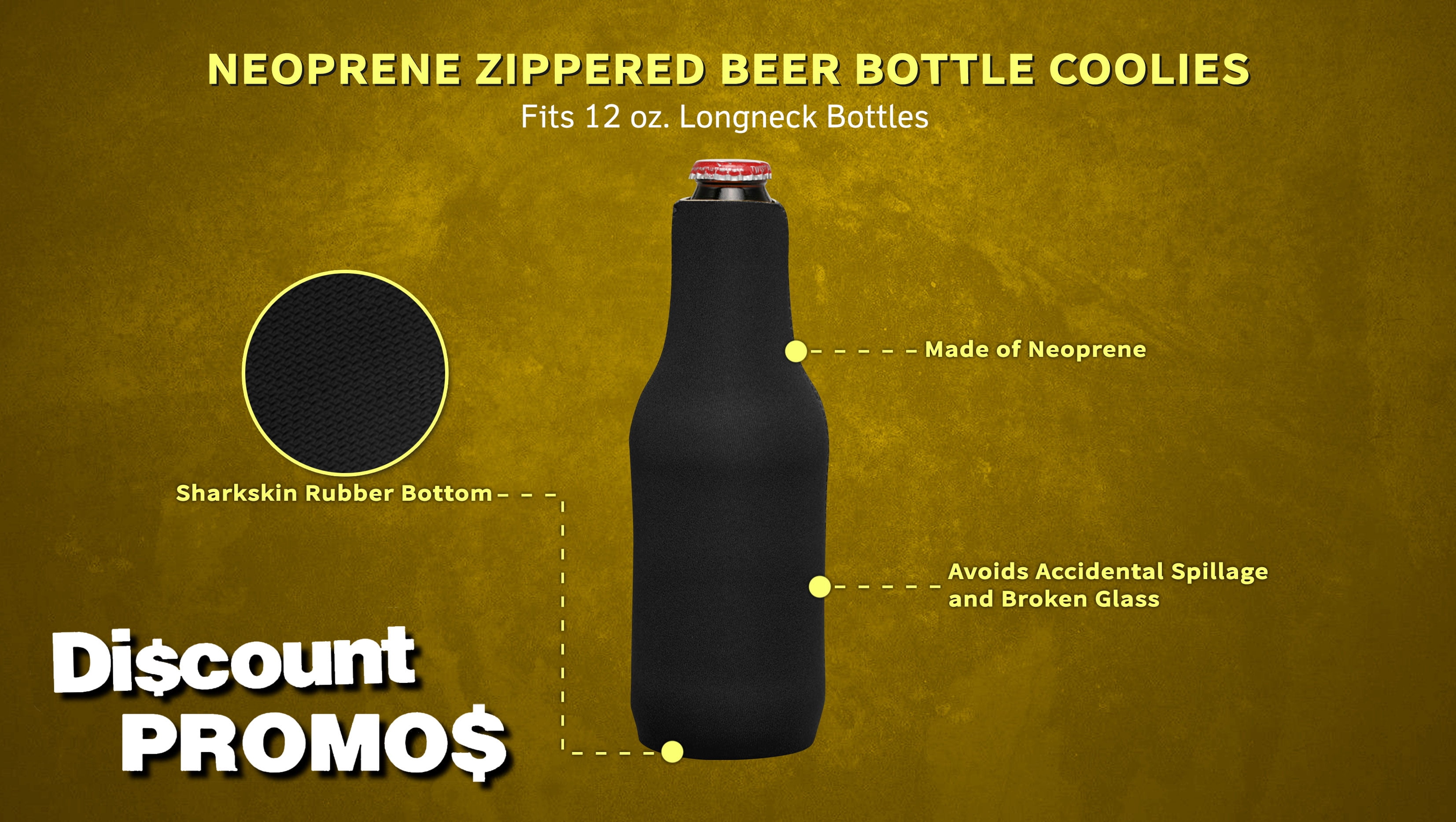 10 Neoprene Zippered Beer Bottle Coolies Pack - Sharkskin Rubber Bottom - Black
