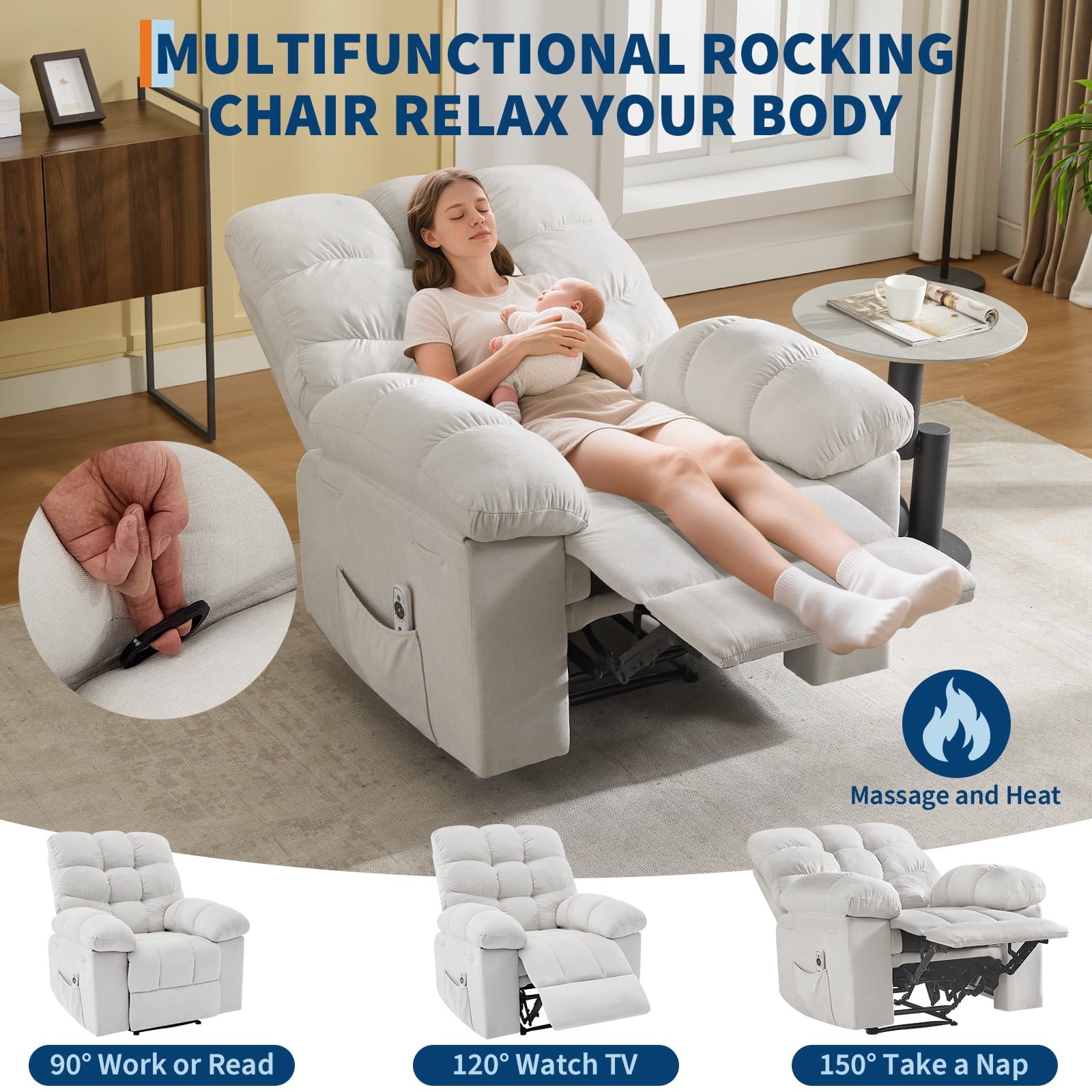 Recliner Chair for Adult, Recliner with Massage&Heating, Manual Recliners, Upholstery Overstuffed Soft Rocking Sofa Chair, Beige