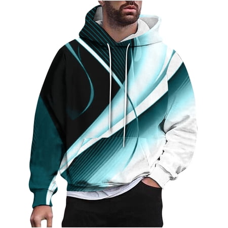 ZCFZJW Fashion Mens Hooded Sweatshirts Lightweight Casual 3D Color Block Pattern Graphic Long Sleeve Drawstring Hoodie Tops Trendy Regular Fit Pullover Green L