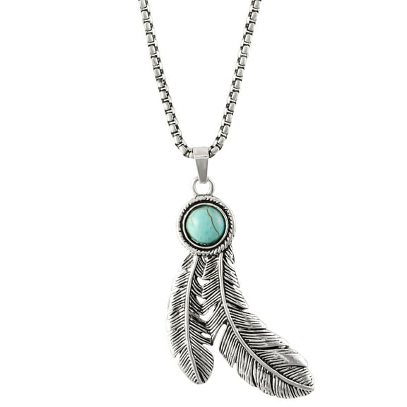 Jessica Simpson Faux Turquoise Stone Feather Necklace, Silver Tone, 28" 3"