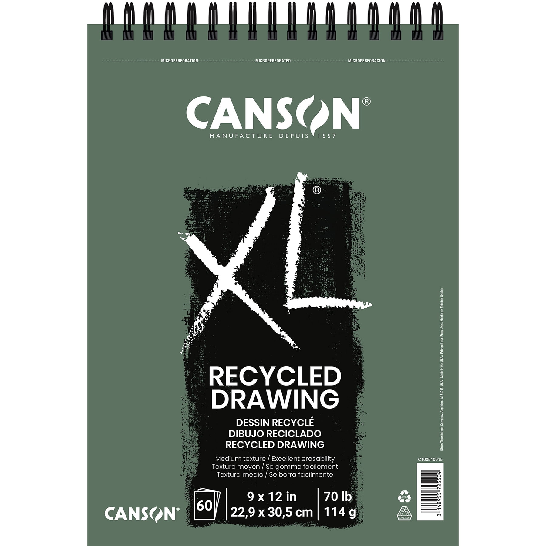Canson XL Series Drawing Pad, Recycled, Top Wire Binding, 60 Sheet, 9x12 inch, Pack of 3