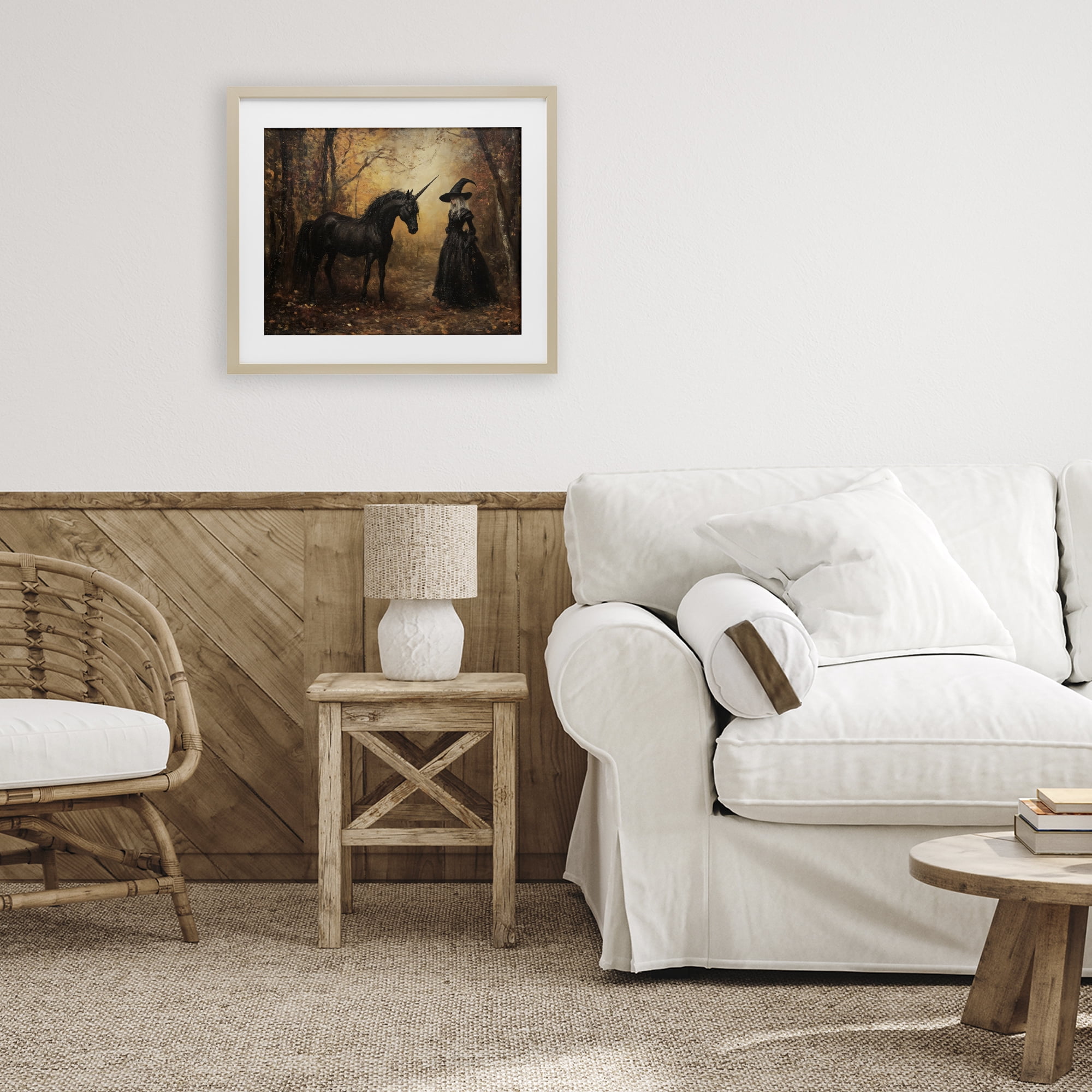 Witch & Black Unicorn Birch Framed Print Under Glass, design by Arlington Prints