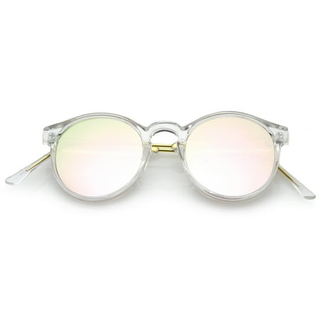 sunglassLA - Clear Frame Metal Temple Color Mirror Flat Lens P3 Round Sunglasses - 49mm