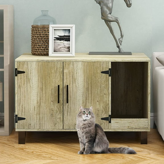 Litter Box Enclosure Cat Litter Box Furniture Hidden with Cat Scratch Pad Decorative Farmhouse Wooden Hidden Litter Box Cat House Litterbox Furniture Cat Box Furniture Litter Box Cabinet Oak