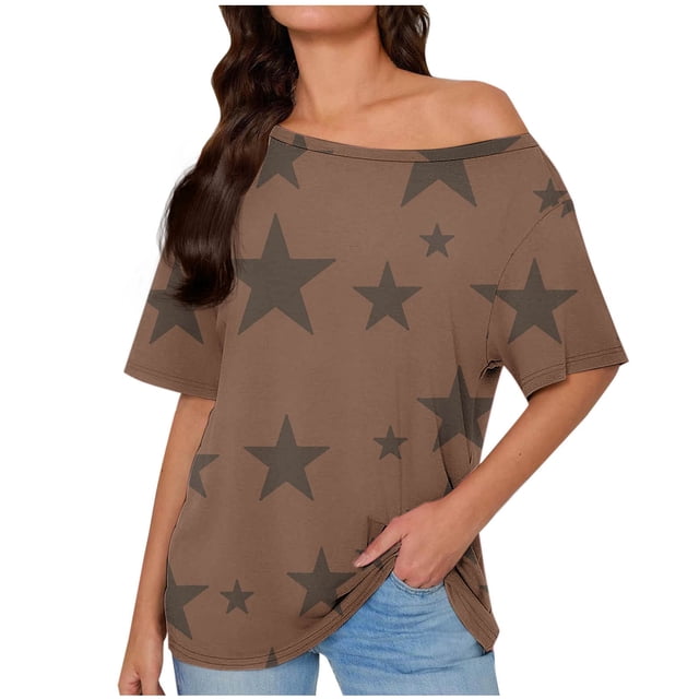 Tops de Manga Corta para las Mujeres Cuello Inclinado de Ajuste Suelto Casual Blusa Deportiva para el Hogar, Top de Poliéster Relajado para Primavera Verano Diario Y Entretenimiento