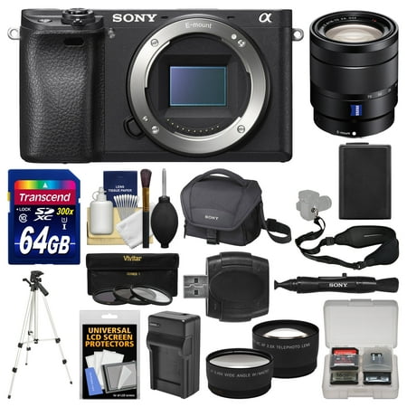 Sony Alpha A6300 4K Wi-Fi Digital Camera Body (Black) with 16-70mm f/4 Lens + 64GB Card + Case + Battery & Charger + Tripod + Tele/Wide Lens Kit