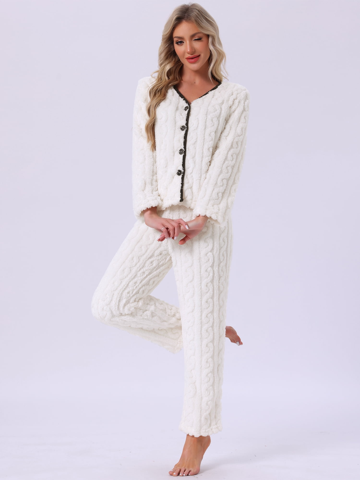 DARING DIVA Women's Flannel Pajama Set Long Sleeve Button Down Fuzzy Fleece L White