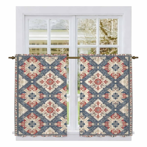 Blue Red Geometric Tier Curtains, Vintage Southwest Ethnic Modern Light Filtering Kitchen Curtains, 2Pcs Rod Pocket Half Window Treatments Panels for Sink Cafe Cabinet Basement 27.5x45 Inches