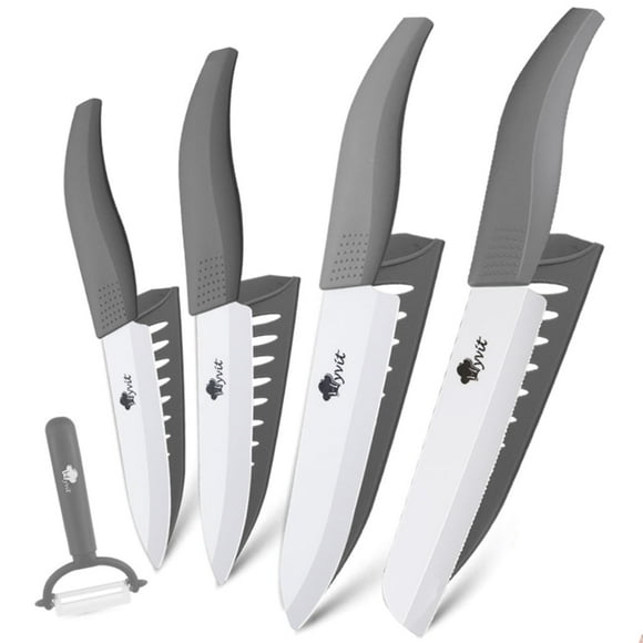 Couteaux de Cuisine 4 Pcs avec Éplucheur, Couteau à Lame en Céramique 6 Pouces Couteau à Pain Dentelé, Couteau de Chef 6 Pouces, Couteau Utilitaire 5 Pouces et Couteau d'Office 4 Pouces