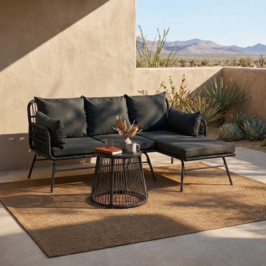 Bezseller 3-Piece Rattan Patio Sets with L-Shaped Sofa and Coffee Table, Black