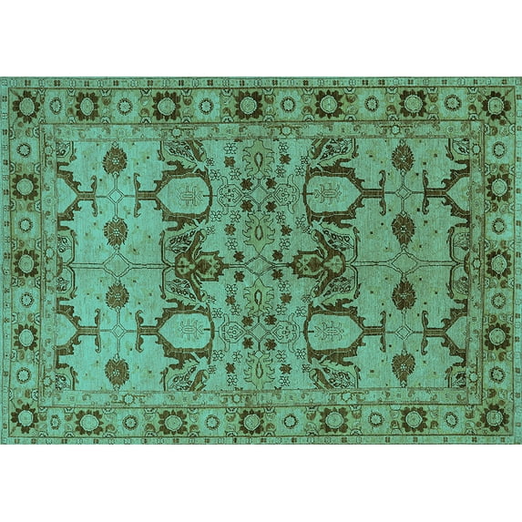 Ahgly Company Machine Washable Indoor Rectangle Oriental Turquoise Blue Industrial Area Rugs, 7' x 9'