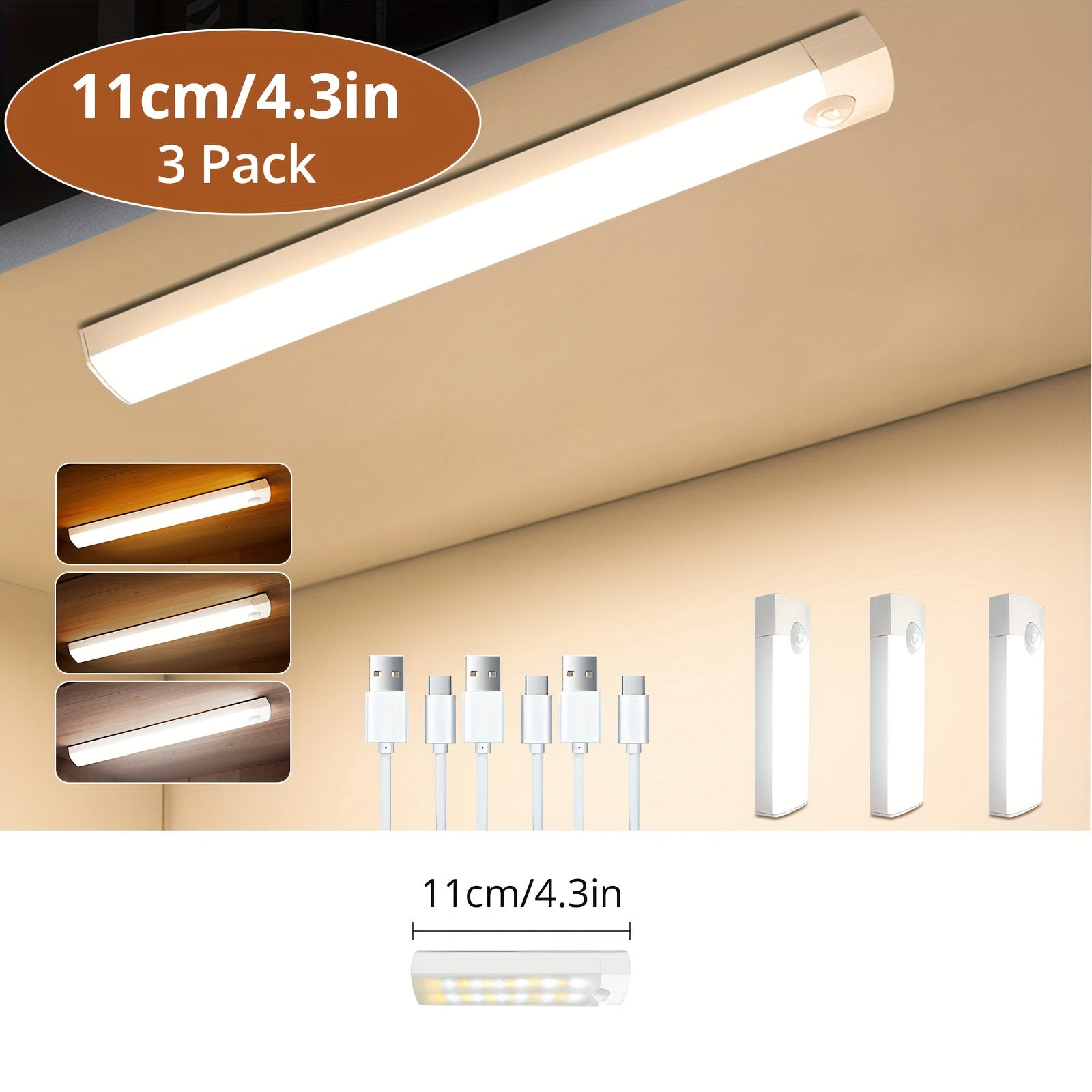 3Pack Dimmable Motion Sensor Cabinet Light - Wireless Magnetic USB Rechargeable, 3 Color Temps, Under Counter Lighting for Kitchen Closet Wardrobe Hallway Stairs