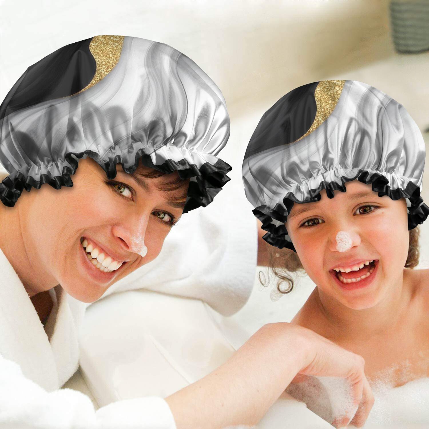 Shower Caps,Black White Marble Gold Wave Pattern Waterproof Shower Cap for Women 4 Pieces,Double Reusable Hair Cover for Shower PEVA Elastic Stretch Hem