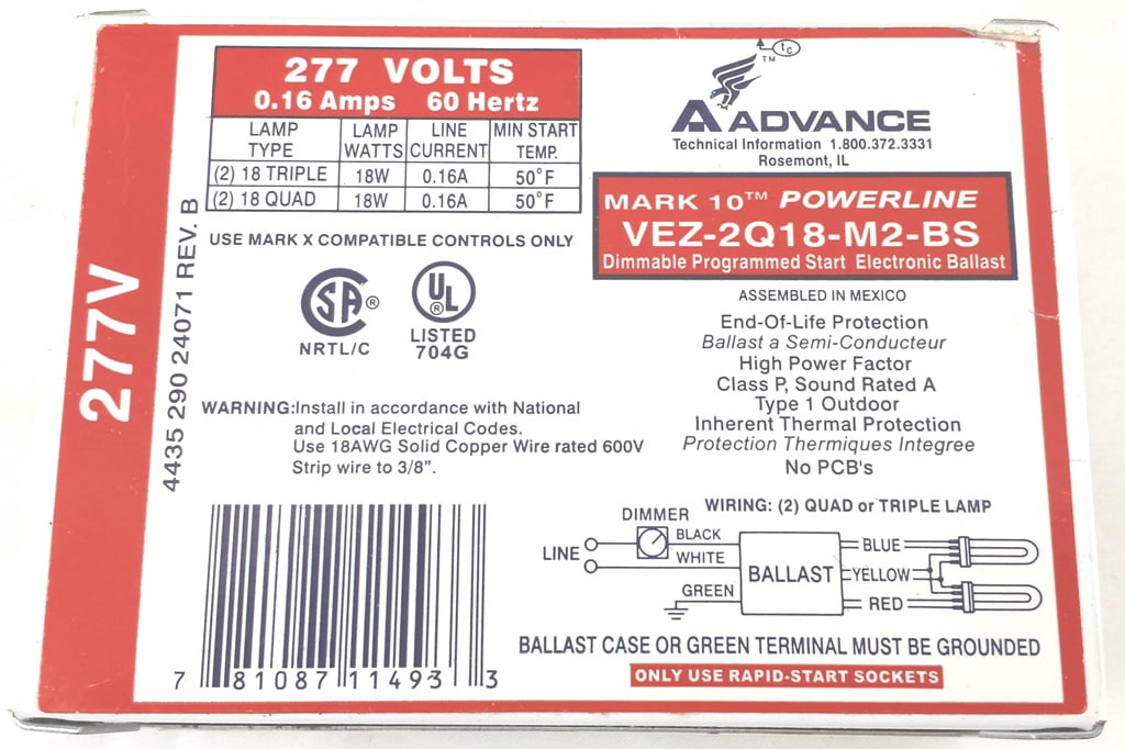 M2-BS 18W 277V 2L CFL 4-PIN FLUOR ELECT DIMMING BALLAST Details about   ADVANCE VEZ-2Q18 