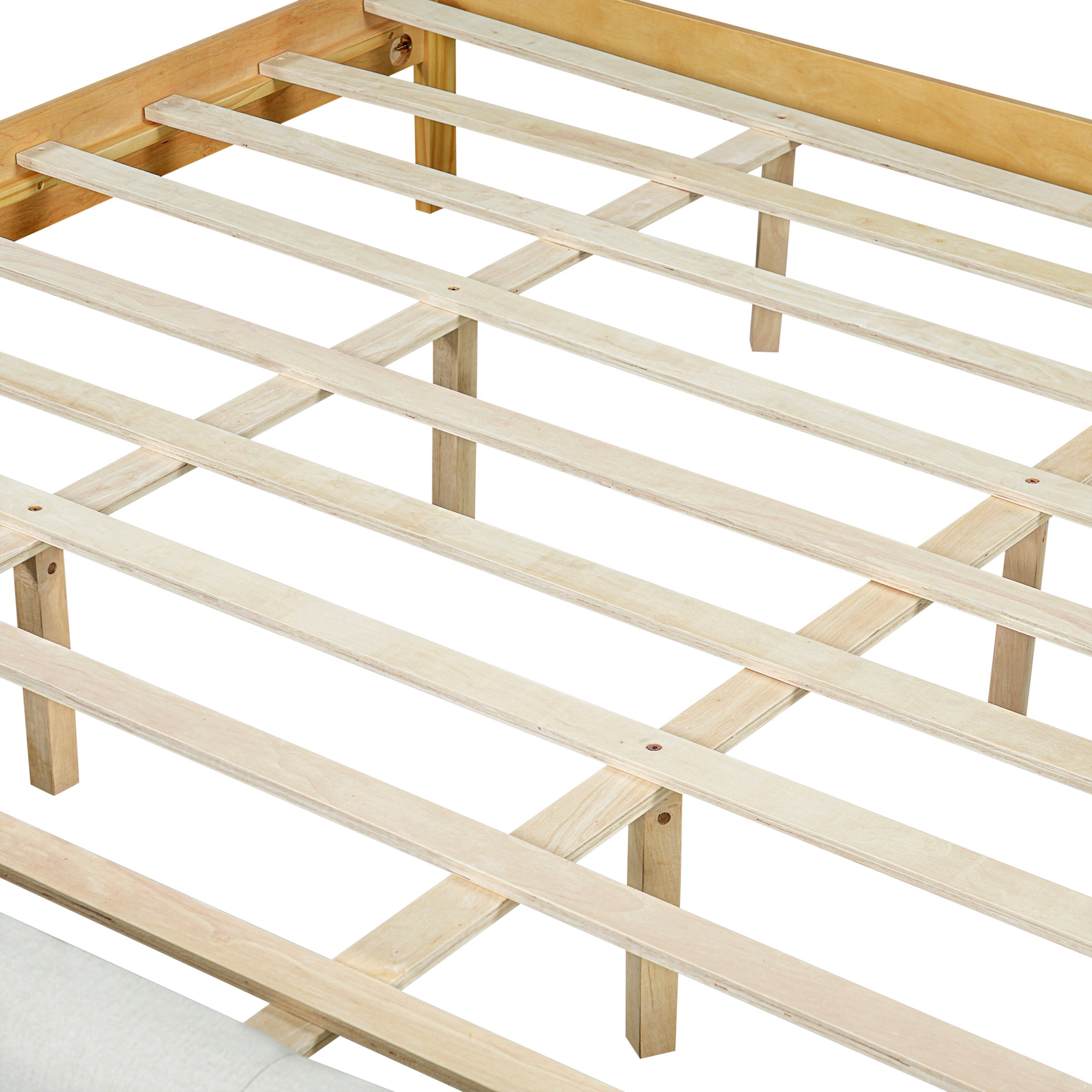 Christopher Knight Home King Upholstered Bed Frame, Platform Bed with Wood Trim, White + Natural