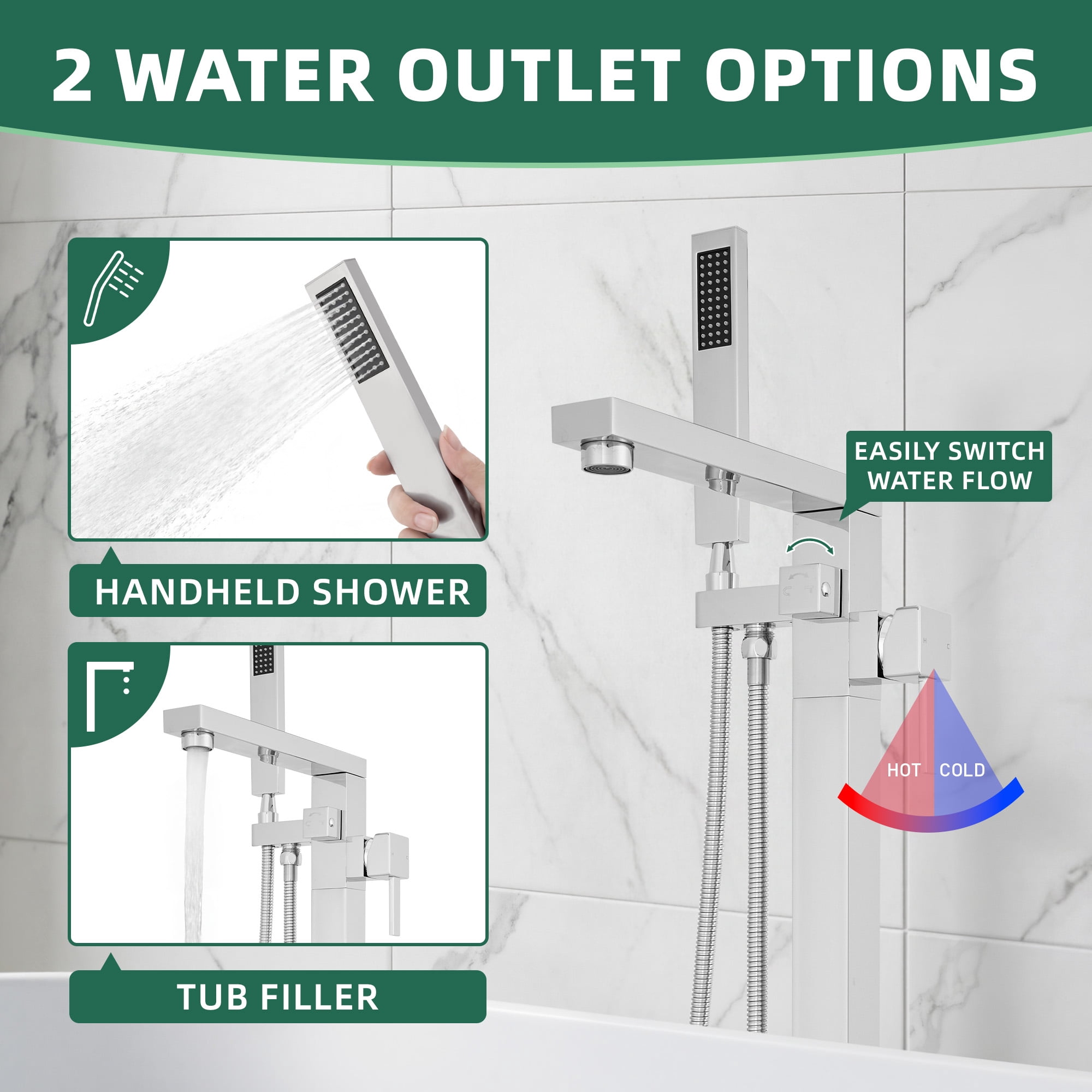 Free Standing Tub Faucet, 360°Swivel High Flow Freestanding Bathtub Faucet with Handheld Shower, Brass Body Tub Filler for Modern Bathroom, Chrome