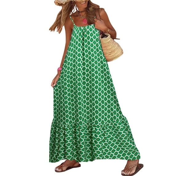 Coduop Women Bohemian Sleeveless Dress Summer Casual Loose Spaghetti Strap Dress Beach Sundress