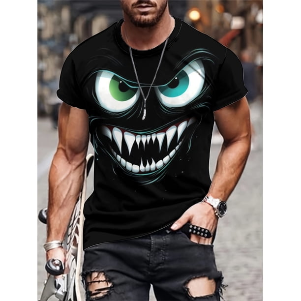 Camiseta con estampado 3D de cara sonriente malvada para hombre, cuello redondo informal de verano 2024, manga corta, tejido de punto 100 % poliéster, ligera elasticidad, corte estándar - 150 g/m²