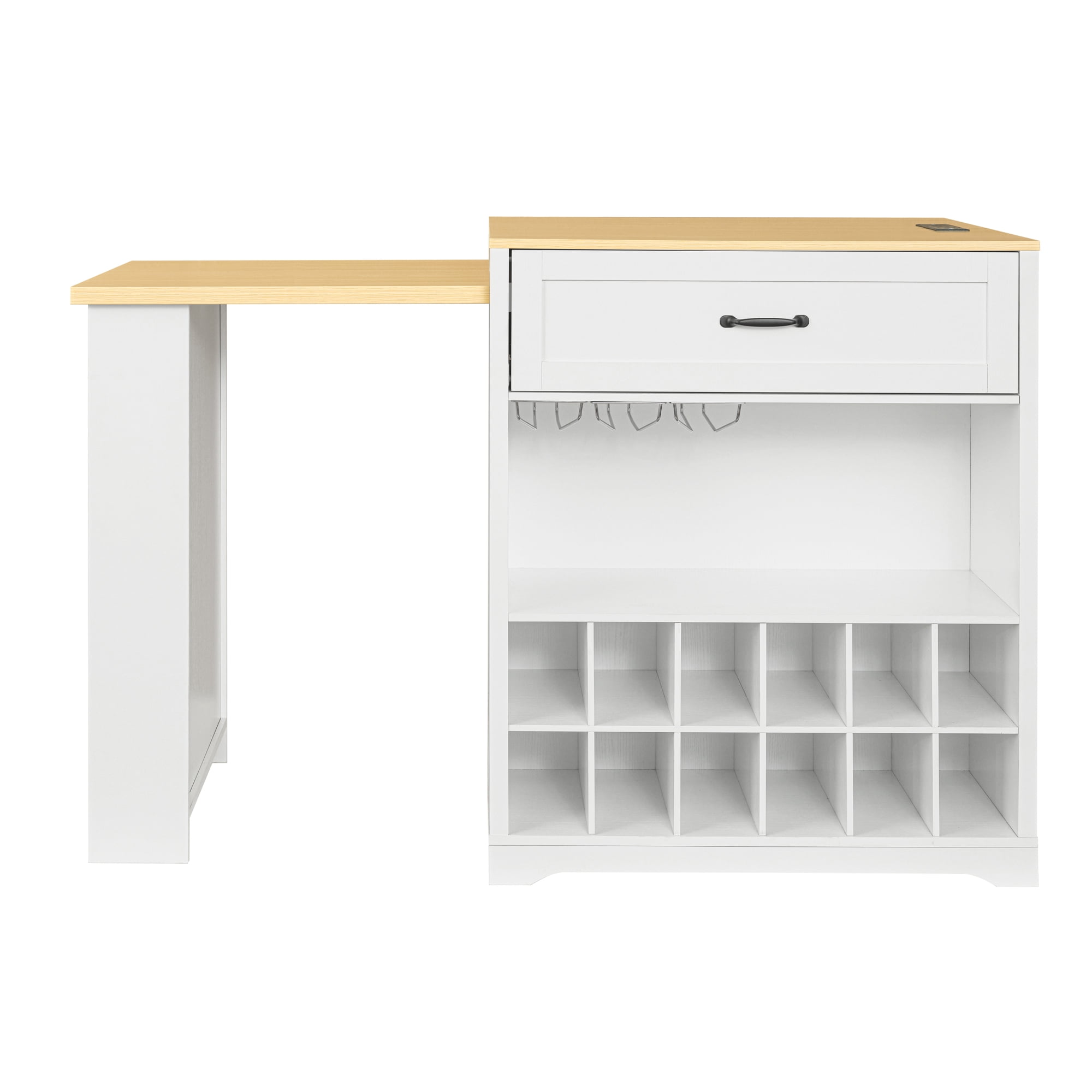 Noble House Extendable Counter Table with Wheels & Power Outlet,White+Natural