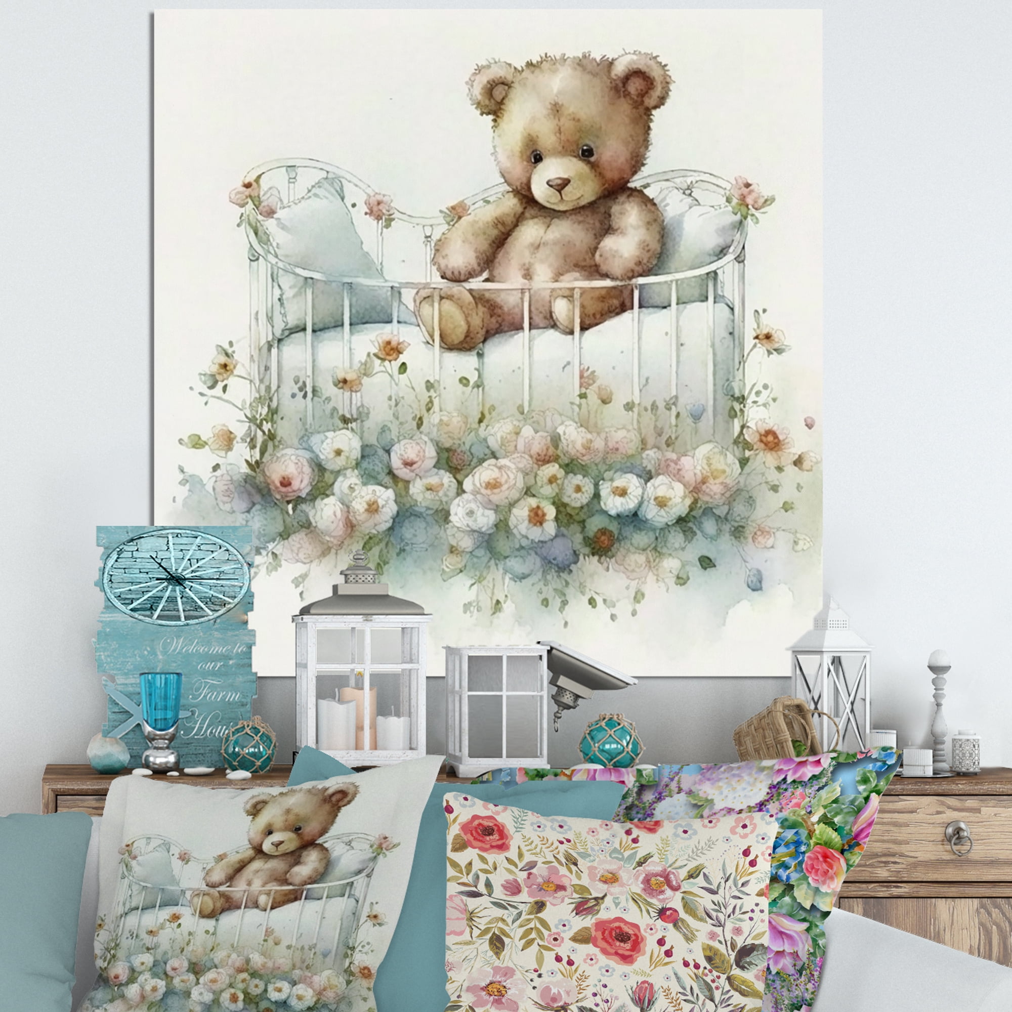 Designart Teddy Bear In Crib With Flowers III Canvas Wall Art
