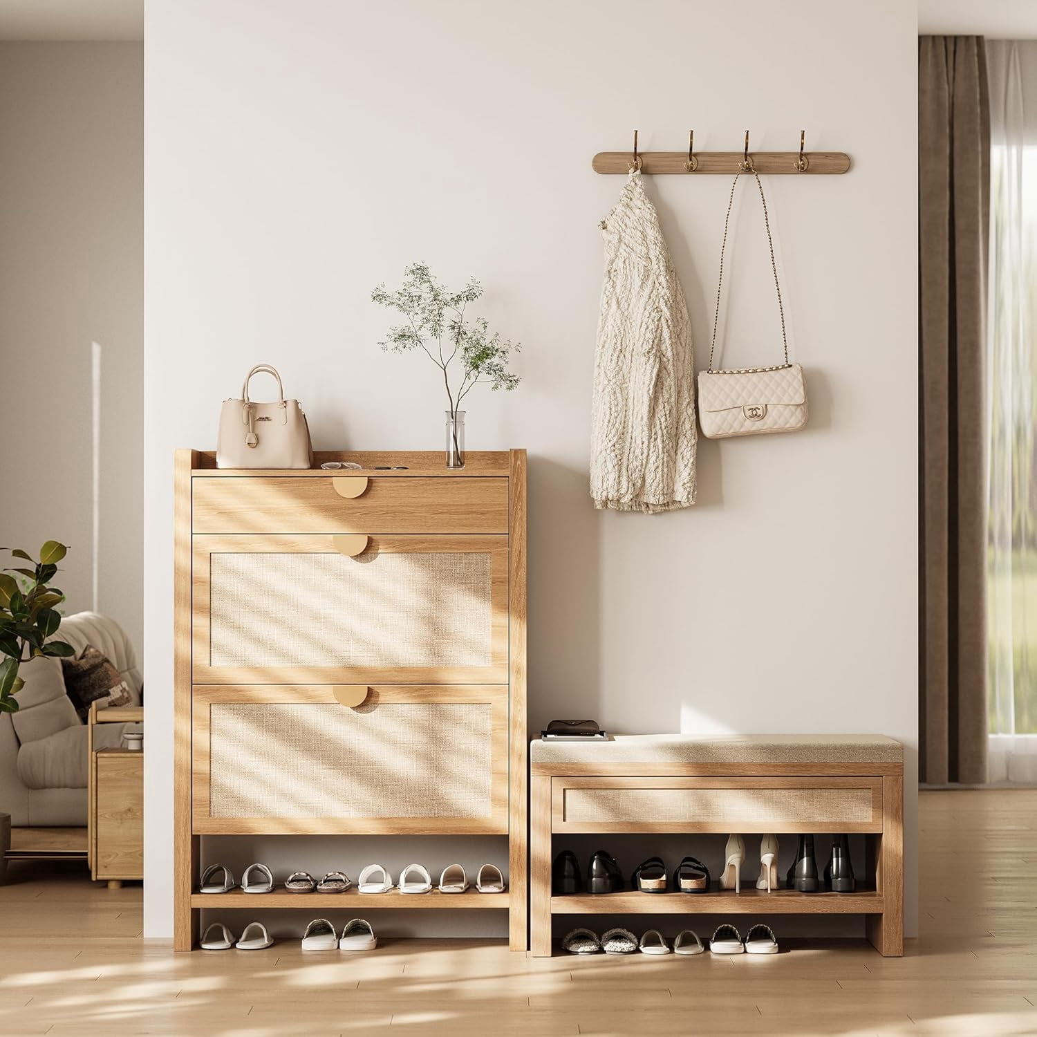 32” Shoe Bench with Storage Drawer, Farmhouse Entryway Bench with Linen Seat Cushion, Wooden Shoe Rack with Shelf for Entryway Hallway Living Room Bedroom, Oak