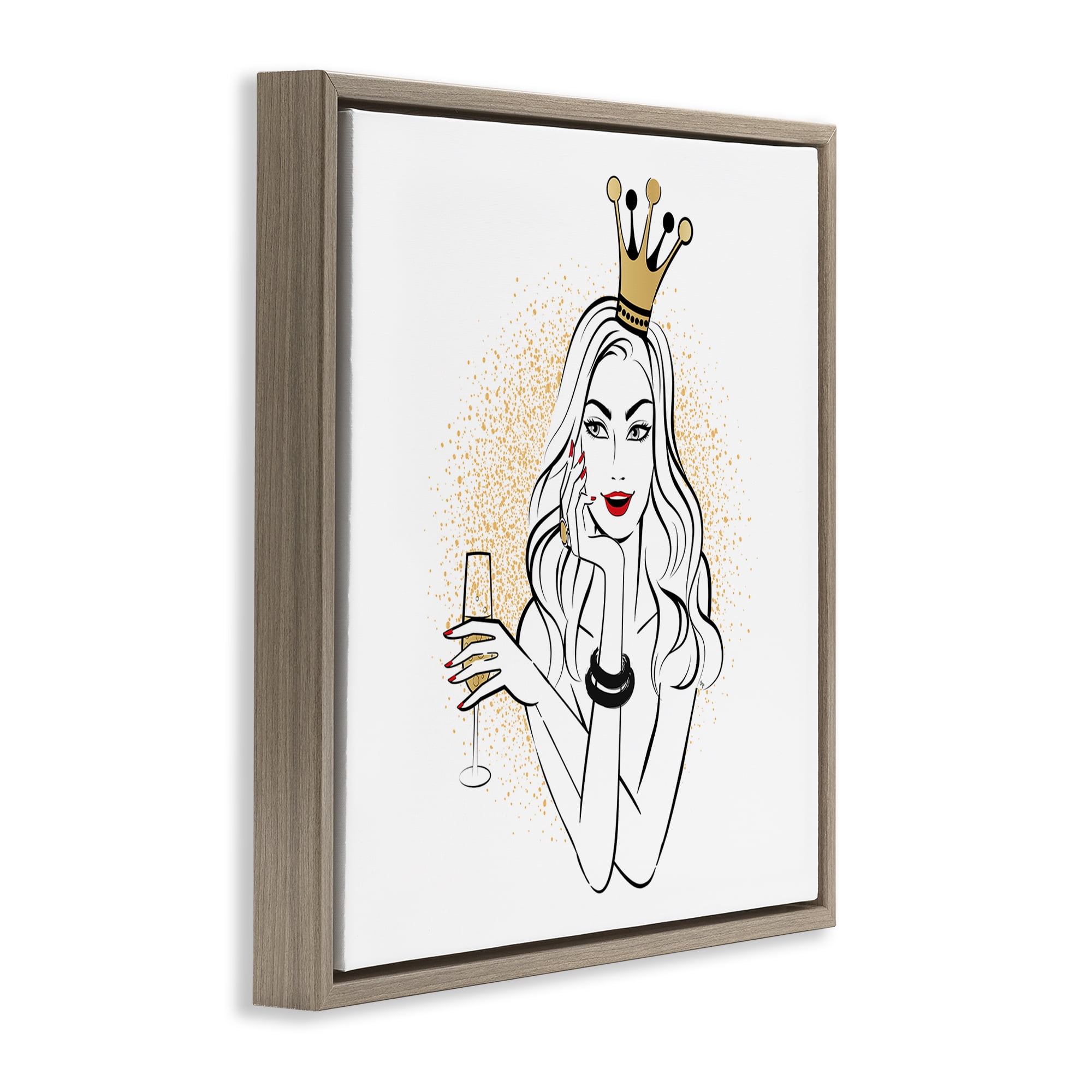 Stupell Industries Princess with Champagne Novelty Painting Brown Floater Framed Art Print Wall Art, 18 x 18